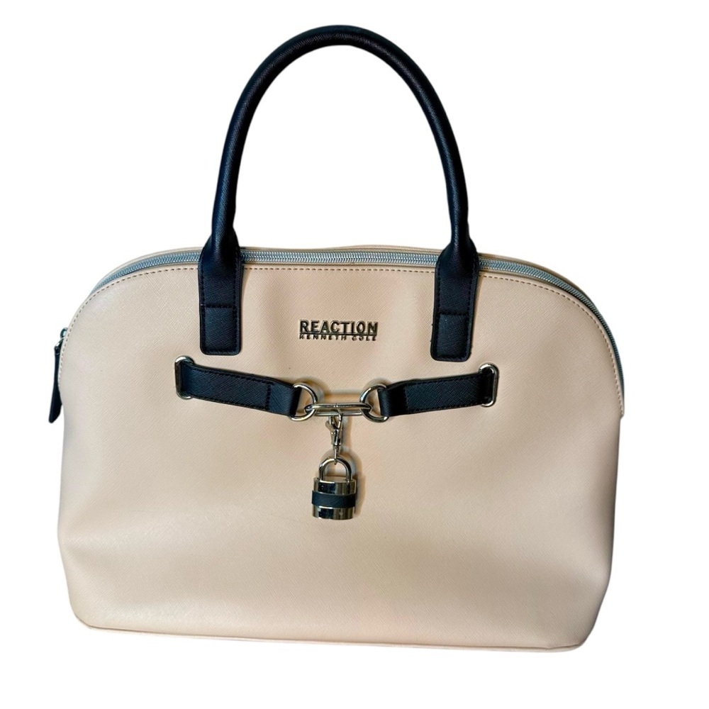 REACTION KENNETH COLE Peachy Cream Black Satchel Boston Bag Speedy Zipper Lock